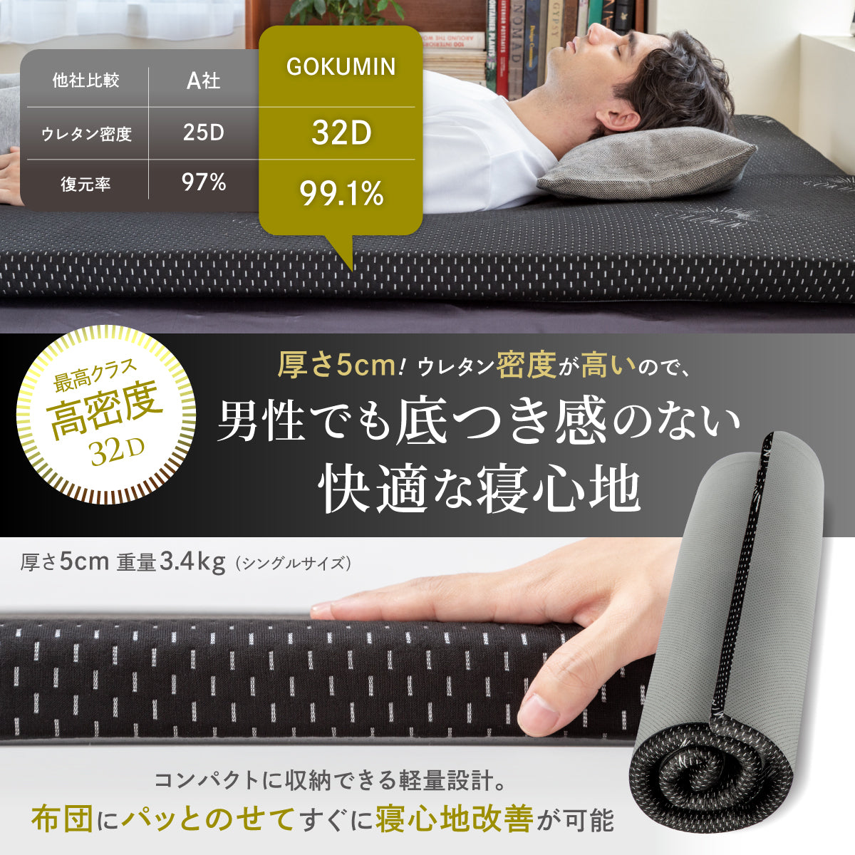 男性でも底つき感のない快適な寝心地