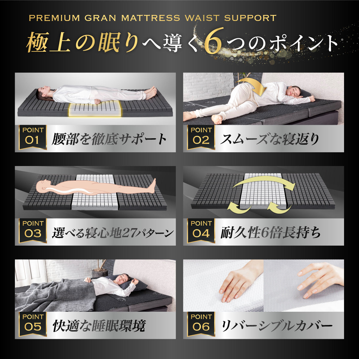 【腰をしっかりサポートする寝心地】プレミアムグランマットレス腰サポ+<三つ折り>