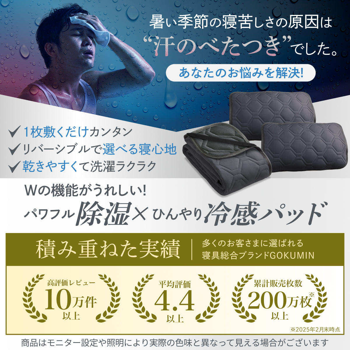 【冷感×除湿のW効果で寝苦しい夜も快適に】除湿リバーシブル敷きパッド・枕パッド