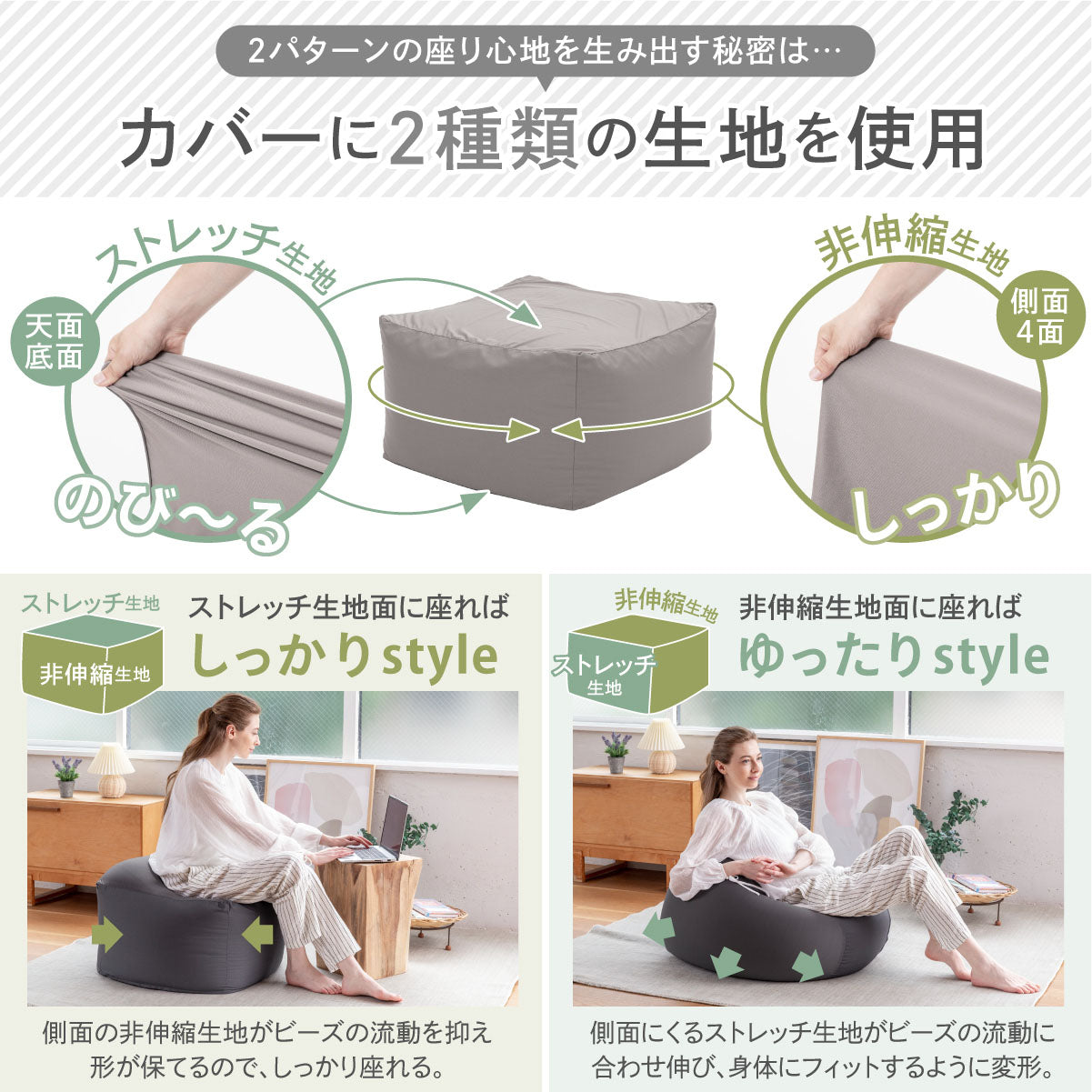 カバーに2種類の生地を採用