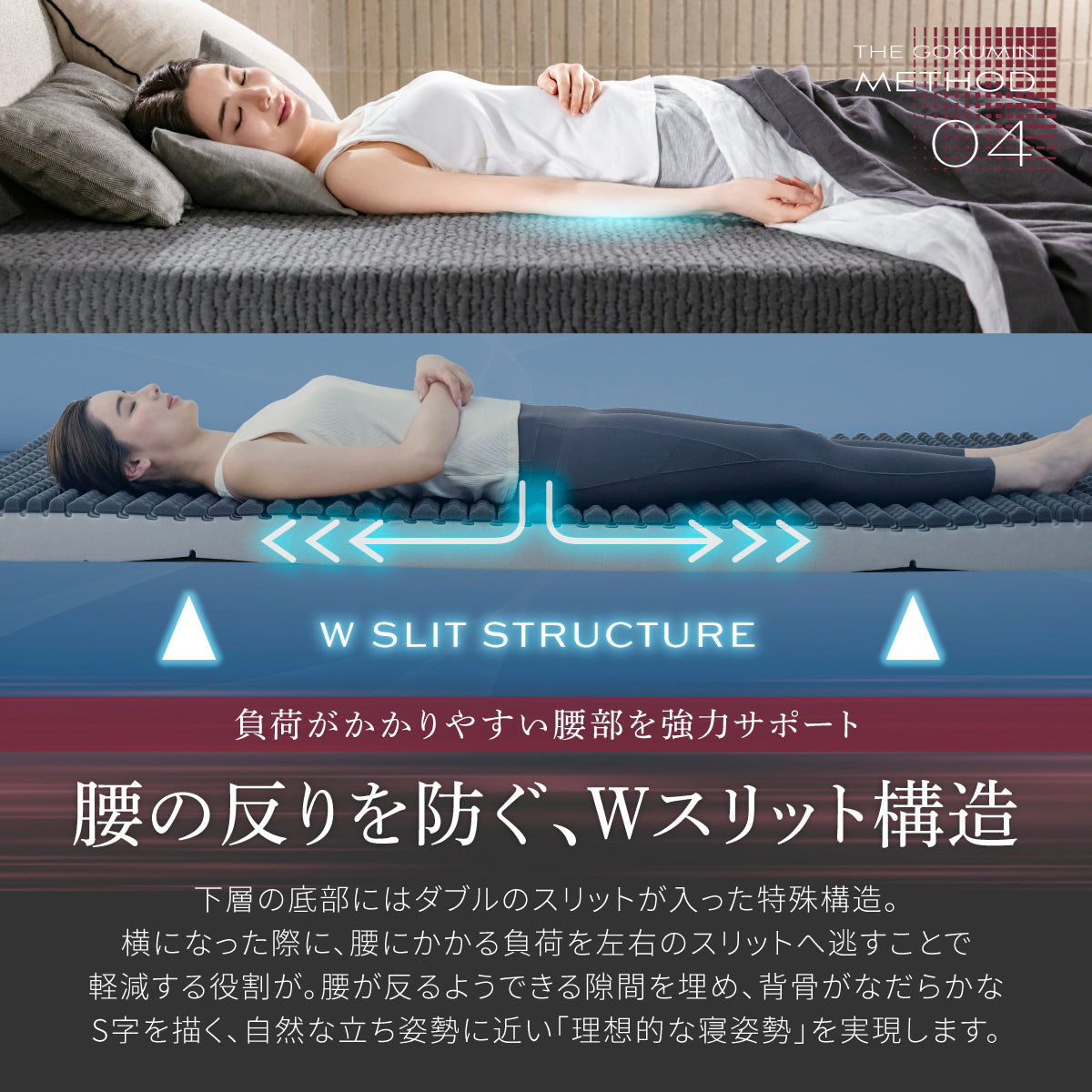 腰の反りを防ぐ、Wスリット構造