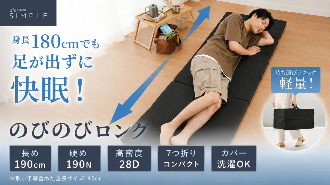 【GOKUMIN】車中泊・バンライフ・防災備蓄ニーズに応える、長さ190cm×折りたたみ奥行32cmの"持ち運べる快眠"7つ折りごろ寝マットレス スリムが5月12日新発売