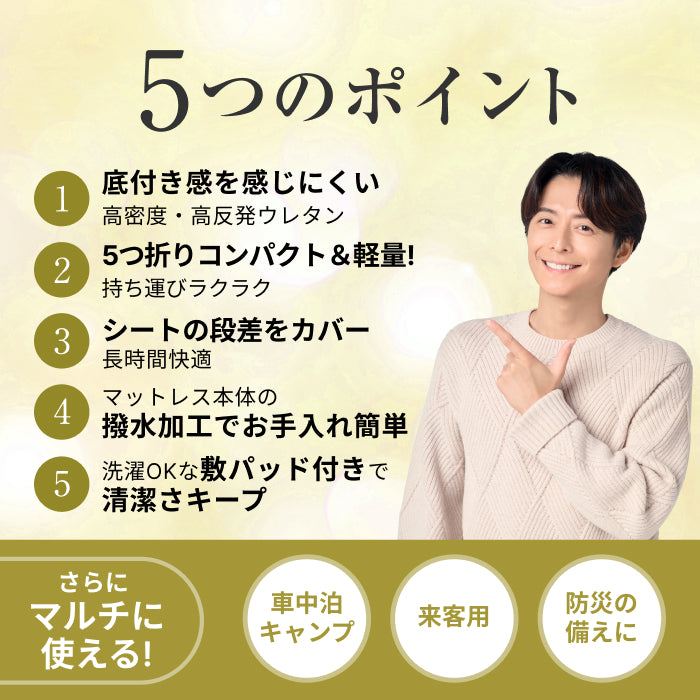 【持ち運び簡単、硬めで腰をしっかり支える】かため高反発マットレス5つ折りタイプ