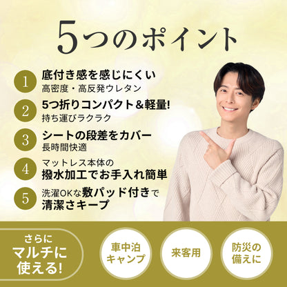 【持ち運び簡単、硬めで腰をしっかり支える】かため高反発マットレス5つ折りタイプ