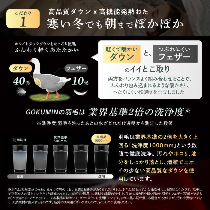 外でも自宅級の寝心地を実現、1枚で通年快適】GOKUMINプレミアムダウン