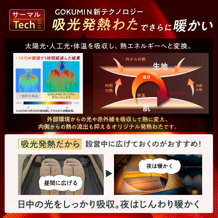 【外でも自宅級の寝心地を実現、1枚で通年快適】GOKUMINプレミアムダウンシュラフ