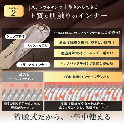 【外でも自宅級の寝心地を実現、1枚で通年快適】GOKUMINプレミアムダウンシュラフ