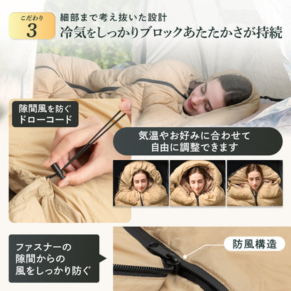 【外でも自宅級の寝心地を実現、1枚で通年快適】GOKUMINプレミアムダウンシュラフ