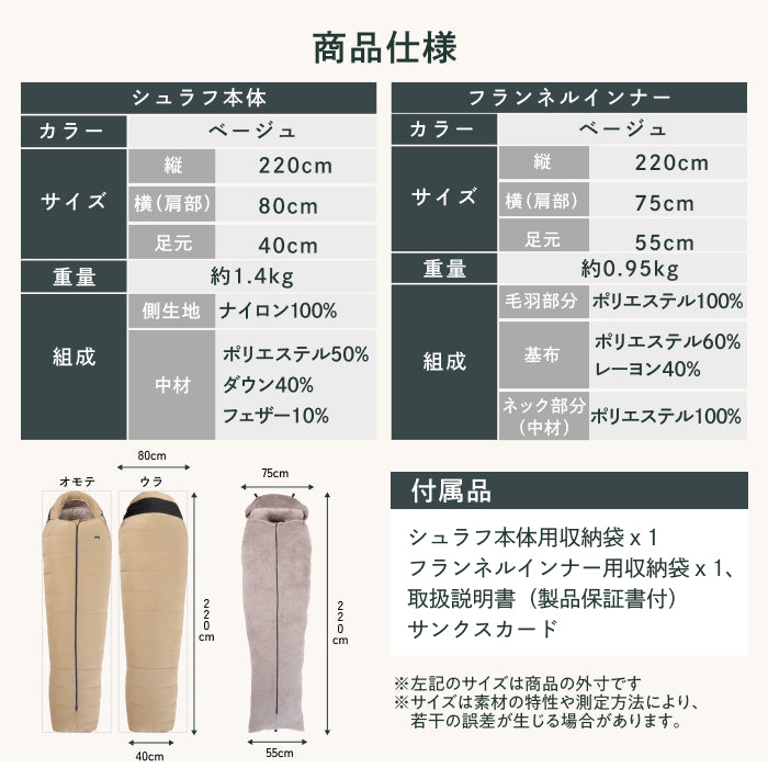 【外でも自宅級の寝心地を実現、1枚で通年快適】GOKUMINプレミアムダウンシュラフ
