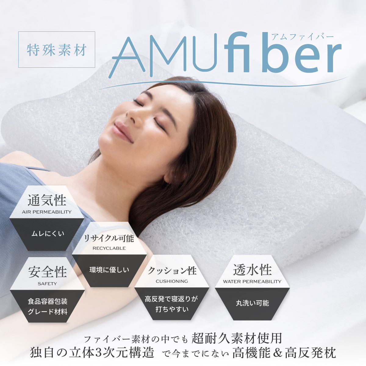 【丸洗い可能＆高通気性でオーダーメイド級寝心地～】AMUファイバーピロー